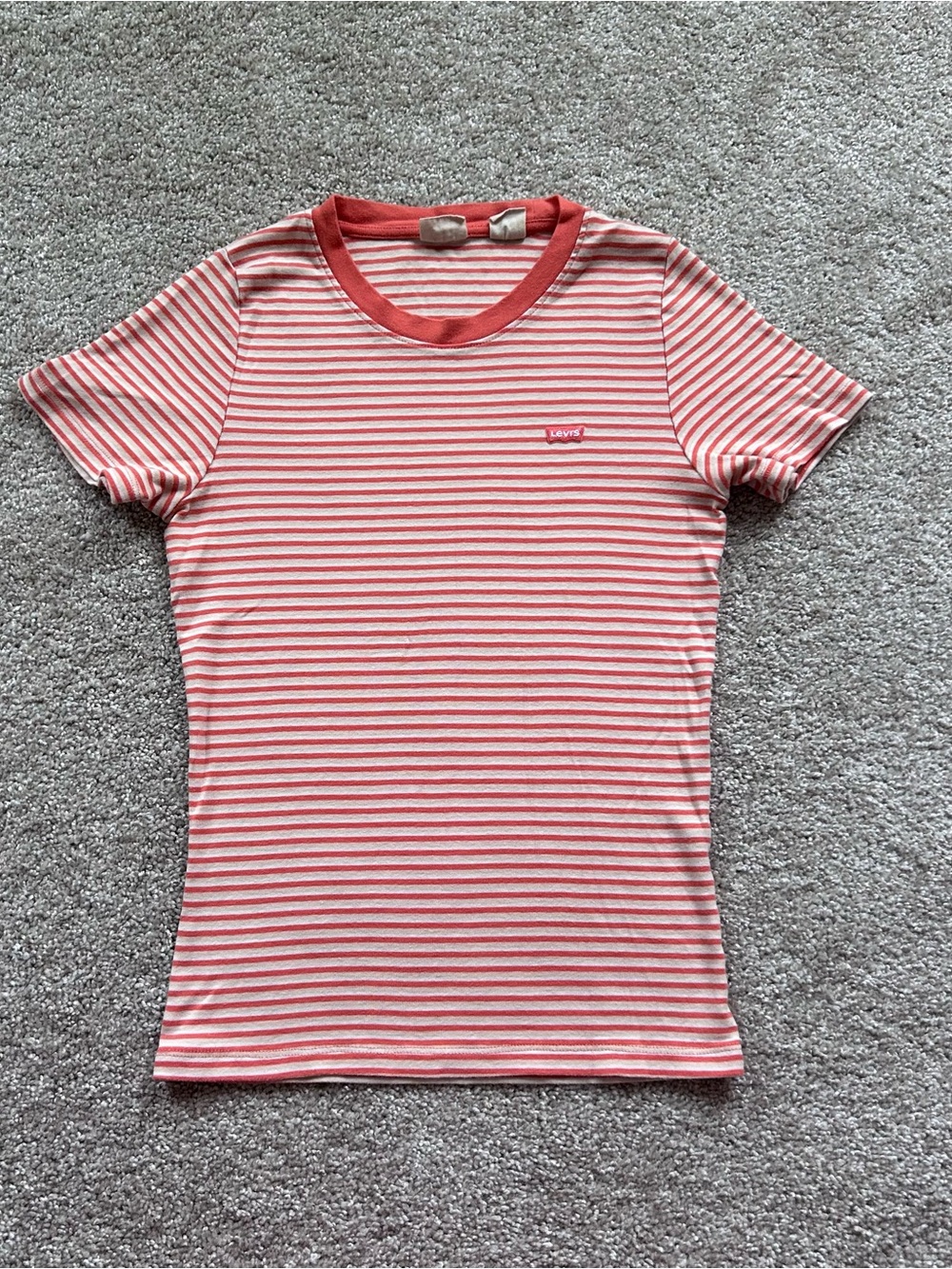 Levi’s Women's Small Striped Ringer T-Shirt Orange White Short Sleeve Logo